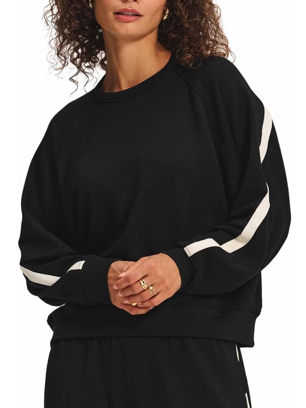 Velvet by Graham & Spencer Black Crewneck with White Sleeve Stripes